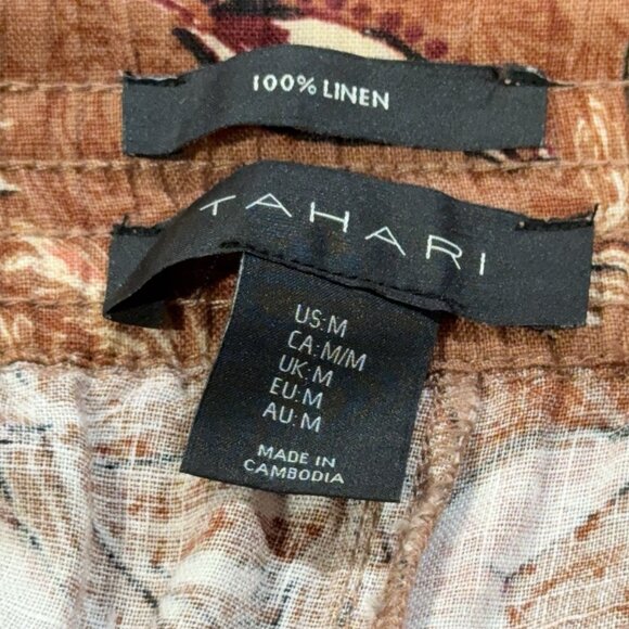 Tahari 100% Linen Brown Wide Leg Capri Pants Birds & Floral Print Womens Medium - Picture 4 of 10